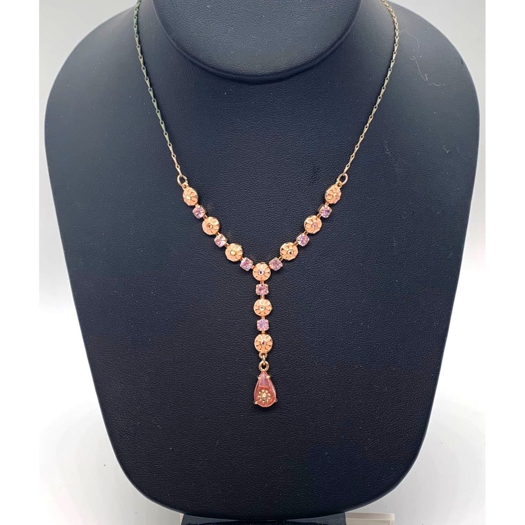 Avon Rose Gold Necklace Lariat Pink Aurora Borealis Rhinestones Enamel Vintage S 16$
